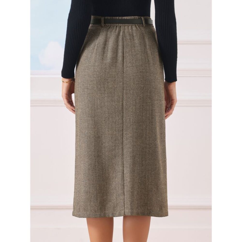 Women's Midi Pencil Skirt Fall Winter Slit Office Skirts with Belt Brown - Picture 3 of 5